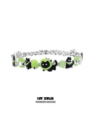 1ST XULIE "Cuties' Appleland" Playful Kitten & Puppy Statement Charm Cuban Choker in Platinum Plated - Angle View