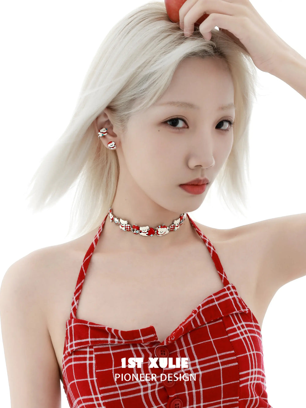 1ST XULIE "Cuties' Appleland" Playful Kitten & Puppy Statement Charm Cuban Choker in Platinum Plated - Back View