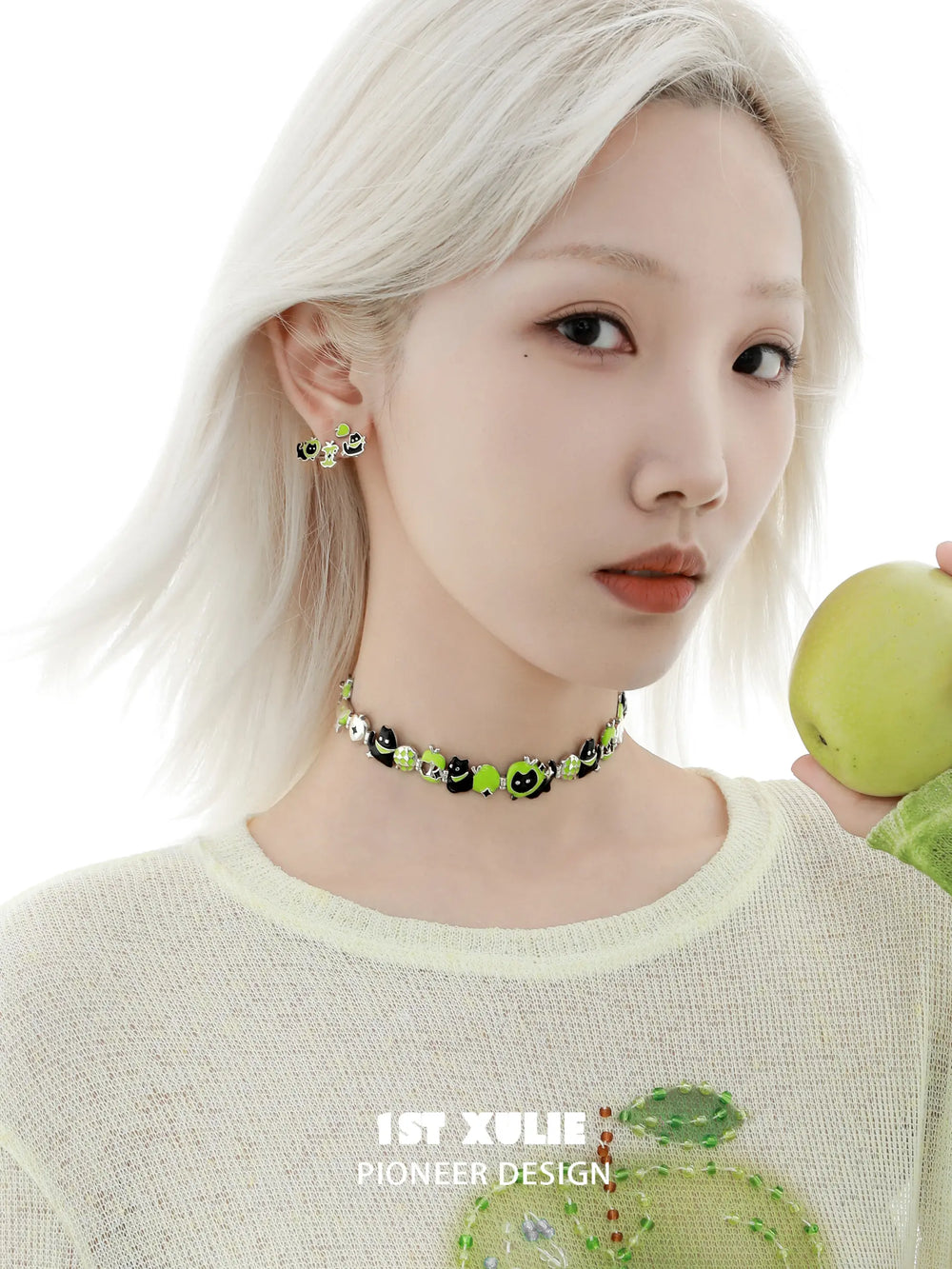 1ST XULIE "Cuties' Appleland" Playful Kitten & Puppy Statement Charm Cuban Choker in Platinum Plated - Clasp Detail