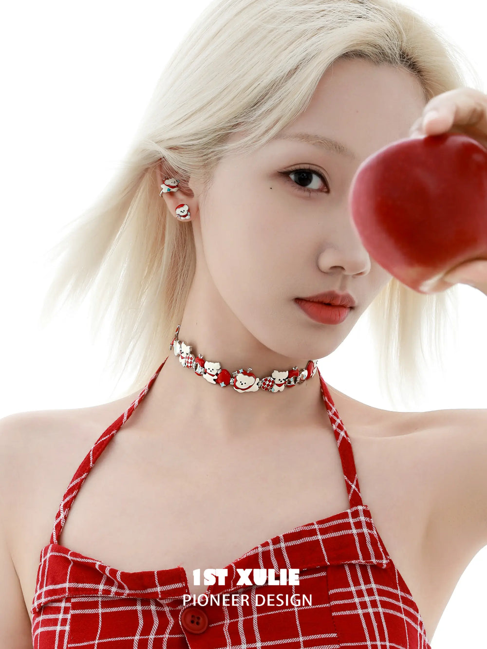1ST XULIE "Cuties' Appleland" Playful Kitten & Puppy Statement Charm Cuban Choker in Platinum Plated - Lifestyle Shot
