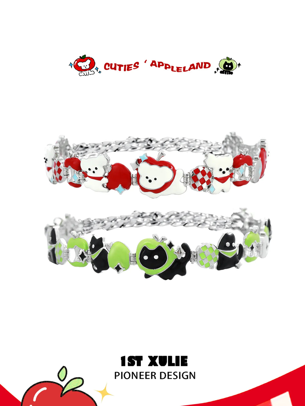 1ST XULIE "Cuties' Appleland" Playful Kitten & Puppy Statement Charm Cuban Choker in Platinum Plated - Product View