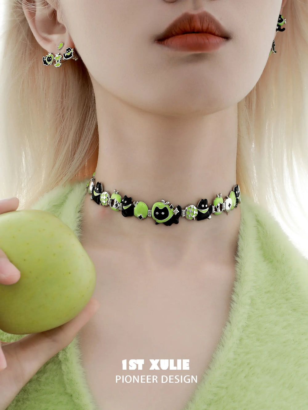 1ST XULIE "Cuties' Appleland" Playful Kitten & Puppy Statement Charm Cuban Choker in Platinum Plated - On Model