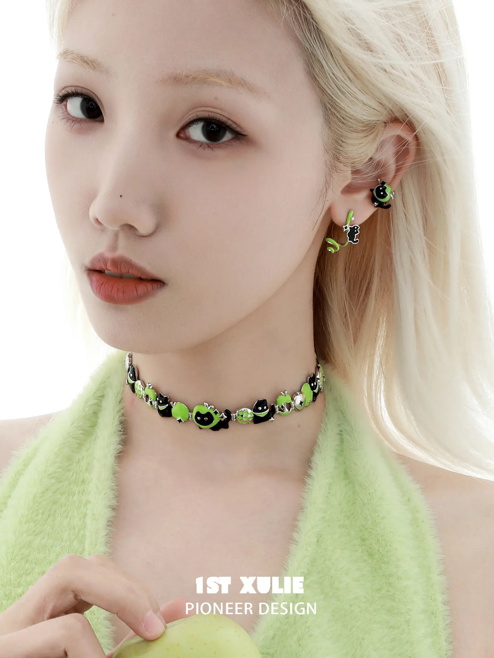 1ST XULIE "Cuties' Appleland" Playful Kitten & Puppy Statement Charm Cuban Choker in Platinum Plated - On Model Close-up