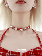 1ST XULIE "Cuties' Appleland" Playful Kitten & Puppy Statement Charm Cuban Choker in Platinum Plated - Side View