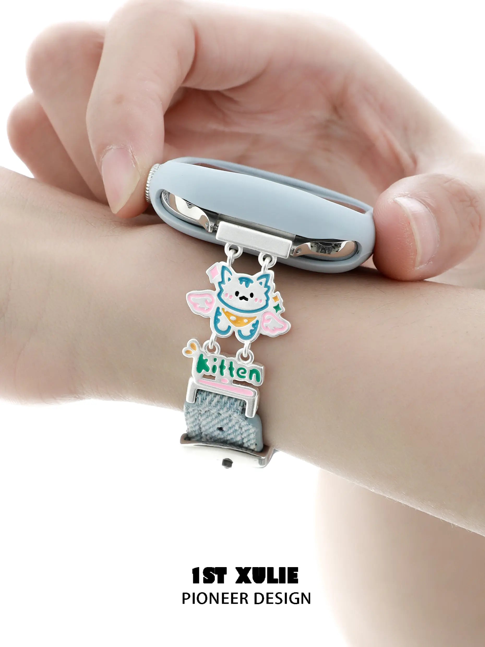 1ST XULIE "Angel Cuties" Cute Kitten & Puppy Charm Denim Apple Watch Band in Platinum Plated - Side View 1ST XULIE "Angel Cuties" Cute Kitten & Puppy Charm Denim Apple Watch Band in Platinum Plated - Side View