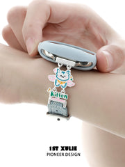 1ST XULIE "Angel Cuties" Cute Kitten & Puppy Charm Denim Apple Watch Band in Platinum Plated - Side View