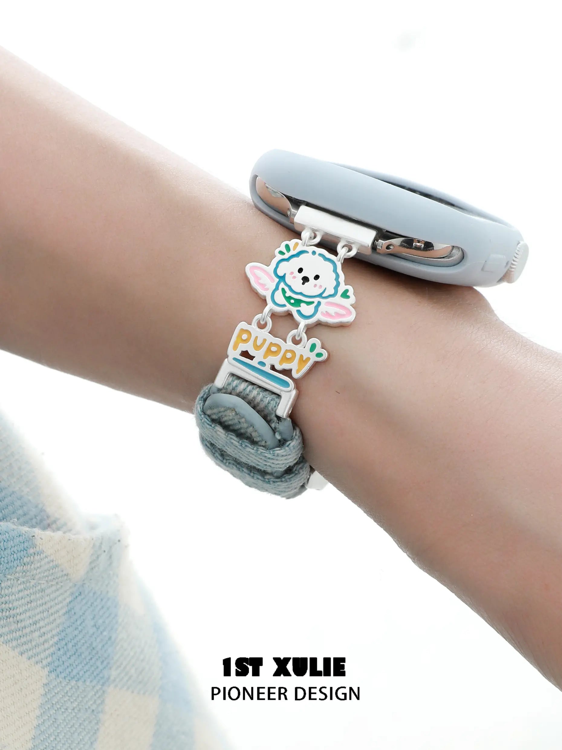1ST XULIE "Angel Cuties" Cute Kitten & Puppy Charm Denim Apple Watch Band in Platinum Plated - Detail Shot 1ST XULIE "Angel Cuties" Cute Kitten & Puppy Charm Denim Apple Watch Band in Platinum Plated - Detail Shot