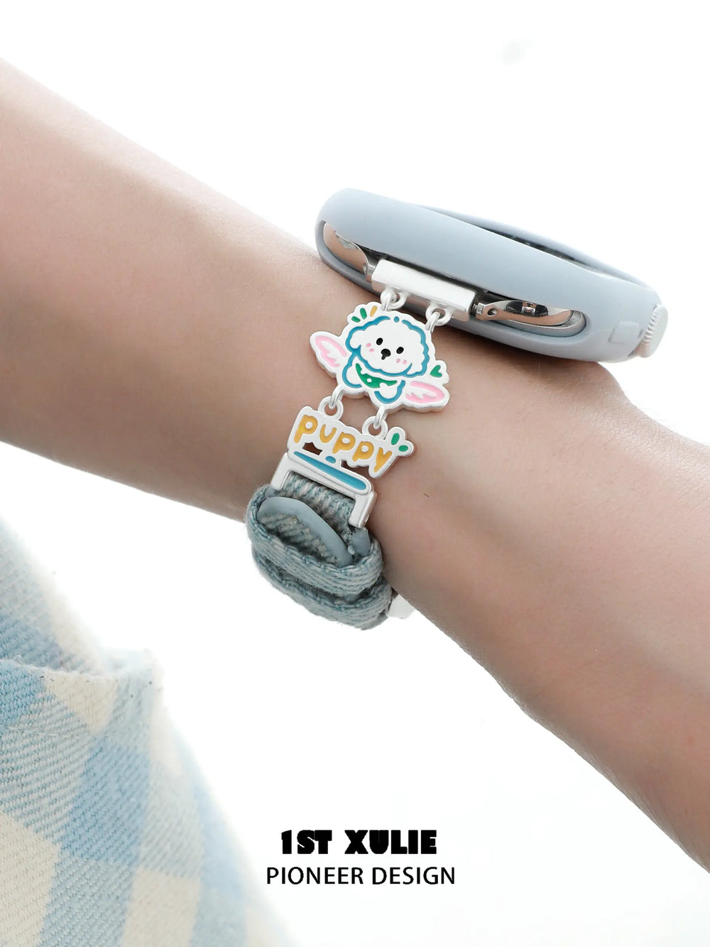 1ST XULIE "Angel Cuties" Cute Kitten & Puppy Charm Denim Apple Watch Band in Platinum Plated - Detail Shot