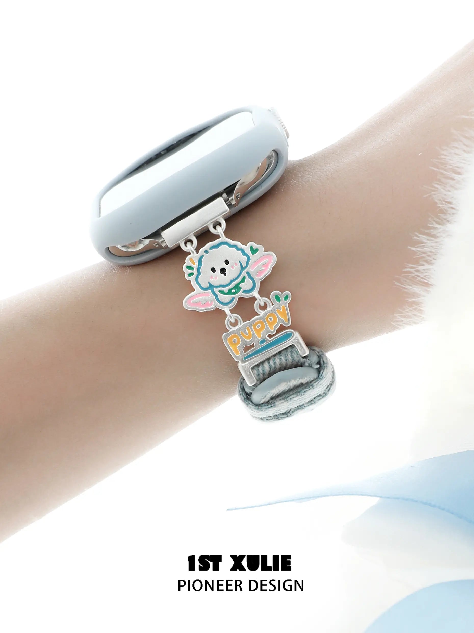 1ST XULIE "Angel Cuties" Cute Kitten & Puppy Charm Denim Apple Watch Band in Platinum Plated - Lifestyle Shot 1ST XULIE "Angel Cuties" Cute Kitten & Puppy Charm Denim Apple Watch Band in Platinum Plated - Lifestyle Shot
