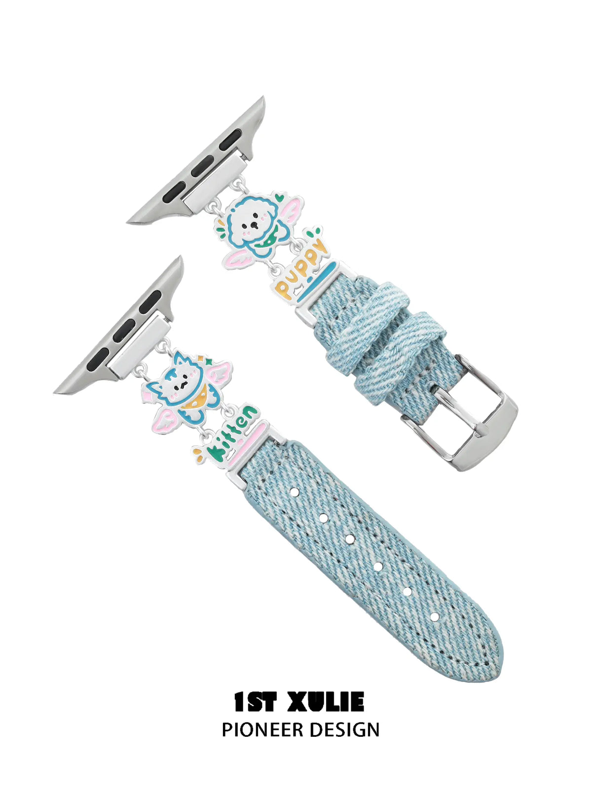 1ST XULIE "Angel Cuties" Cute Kitten & Puppy Charm Denim Apple Watch Band in Platinum Plated - Product View