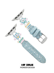 1ST XULIE "Angel Cuties" Cute Kitten & Puppy Charm Denim Apple Watch Band in Platinum Plated - Product View