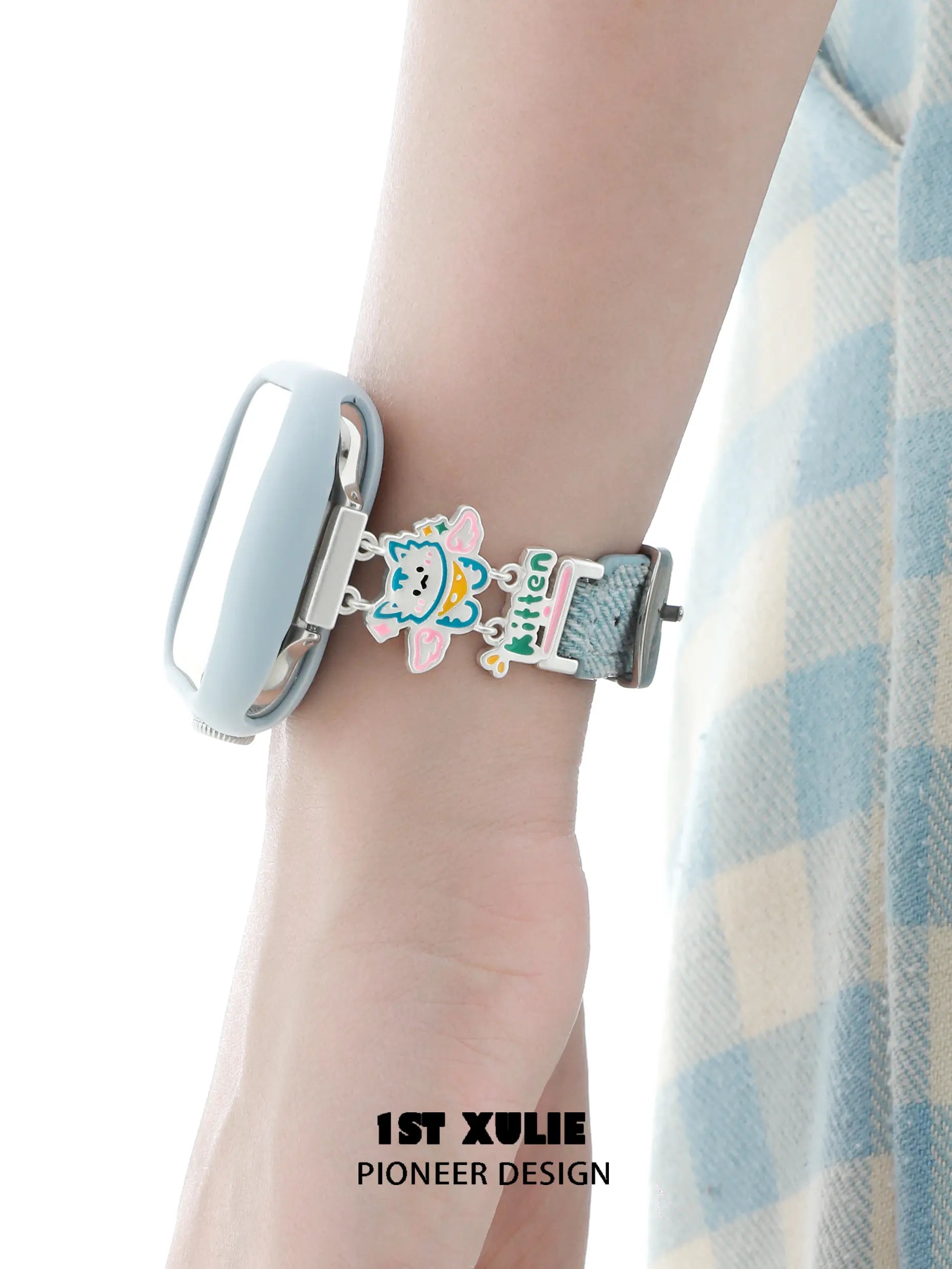 1ST XULIE "Angel Cuties" Cute Kitten & Puppy Charm Denim Apple Watch Band in Platinum Plated - Texture Detail 1ST XULIE "Angel Cuties" Cute Kitten & Puppy Charm Denim Apple Watch Band in Platinum Plated - Texture Detail