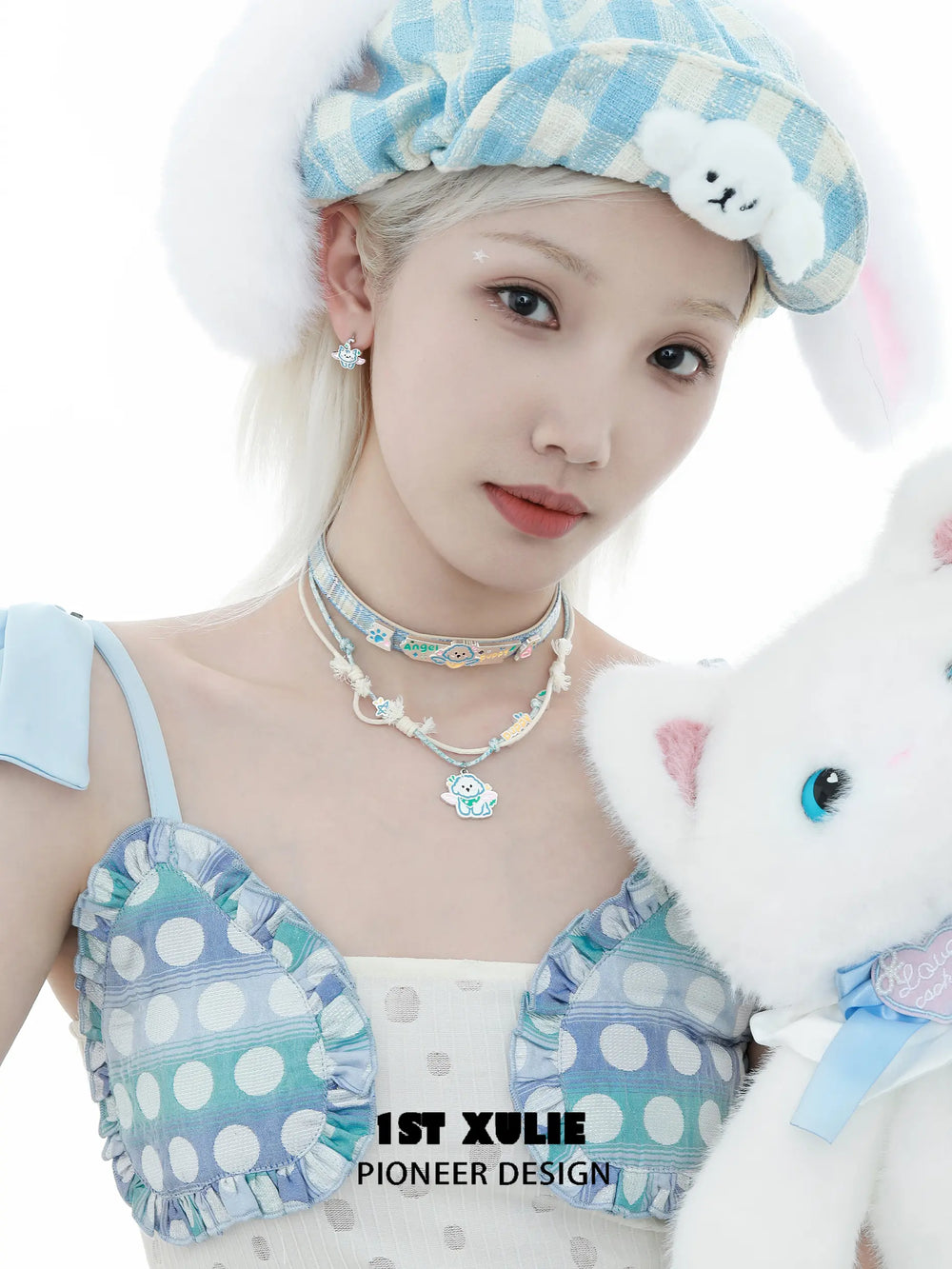 1ST XULIE "Angel Cuties" Kitten & Puppy Hand-Painted Necklace in Platinum Plated & Resin - Clasp Detail
