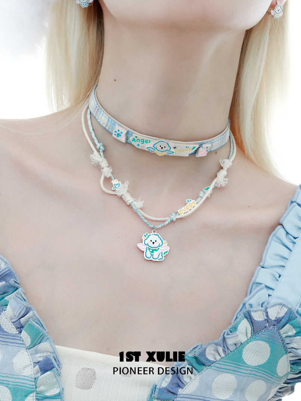 1ST XULIE "Angel Cuties" Kitten & Puppy Hand-Painted Necklace in Platinum Plated & Resin - Lifestyle Shot