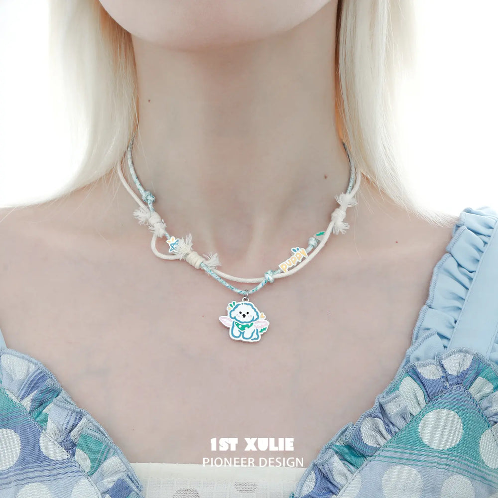 1ST XULIE "Angel Cuties" Kitten & Puppy Hand-Painted Necklace in Platinum Plated & Resin - Product View