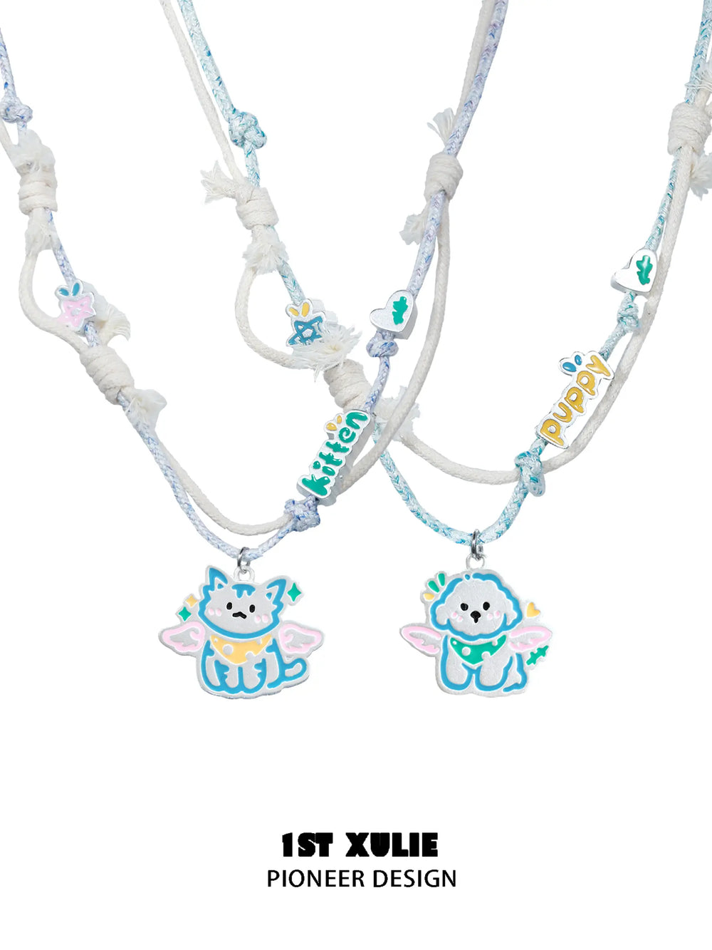 1ST XULIE "Angel Cuties" Kitten & Puppy Hand-Painted Necklace in Platinum Plated & Resin - On Model