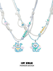 1ST XULIE "Angel Cuties" Kitten & Puppy Hand-Painted Necklace in Platinum Plated & Resin - On Model