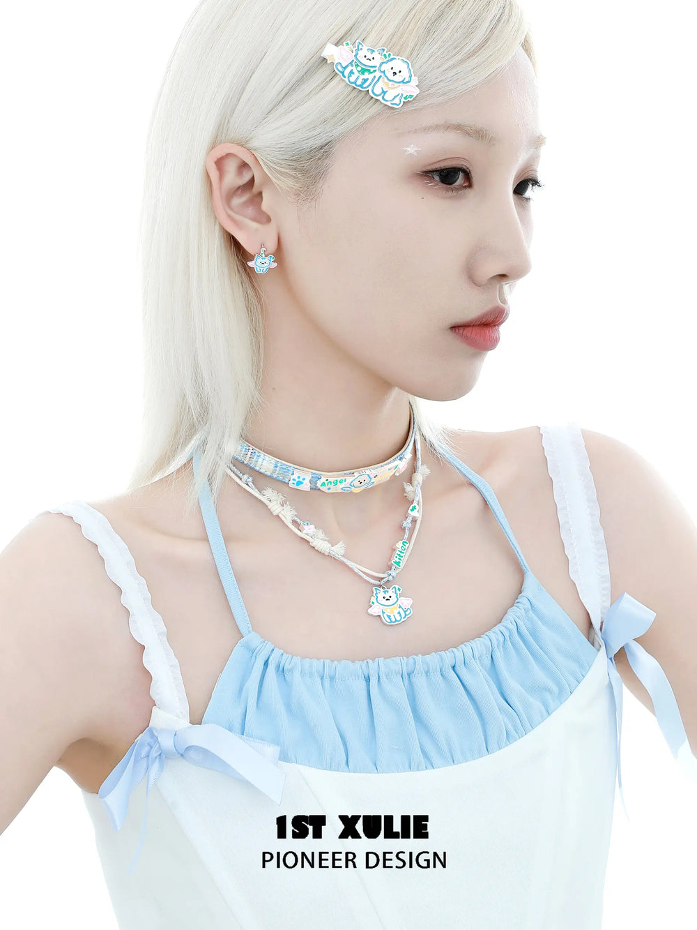 1ST XULIE "Angel Cuties" Kitten & Puppy Hand-Painted Necklace in Platinum Plated & Resin - On Model Close-Up