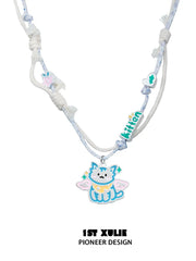 1ST XULIE "Angel Cuties" Kitten & Puppy Hand-Painted Necklace in Platinum Plated & Resin - Full Product View