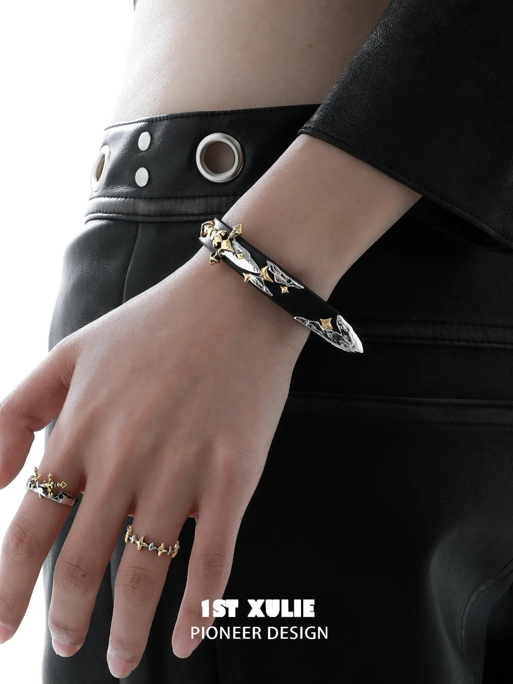 1ST XULIE Jewelry "Knight's Oath" Knight Sword Buckle Bracelet in 18K Gold Plated Brass and Microfiber Leather - Angle 2