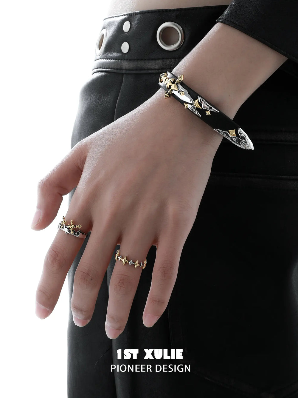 1ST XULIE Jewelry "Knight's Oath" Knight Sword Buckle Bracelet in 18K Gold Plated Brass and Microfiber Leather - On Model