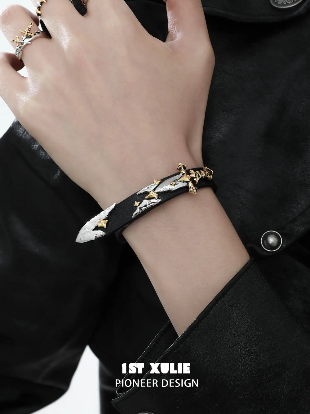 1ST XULIE Jewelry "Knight's Oath" Knight Sword Buckle Bracelet in 18K Gold Plated Brass and Microfiber Leather - Texture