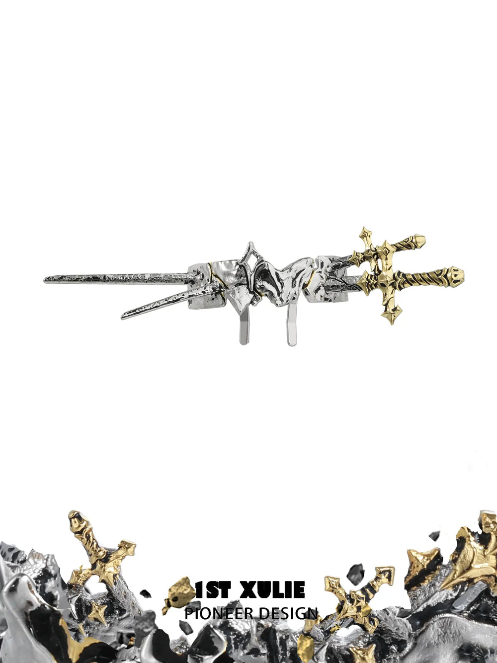 1ST XULIE Jewelry "Knight's Oath" Knight's Sword Hair Clip in 18K Gold Plated Brass - Packaging View