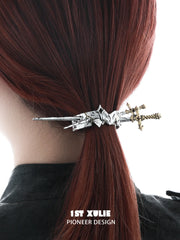 1ST XULIE Jewelry "Knight's Oath" Knight's Sword Hair Clip in 18K Gold Plated Brass - Texture Detail