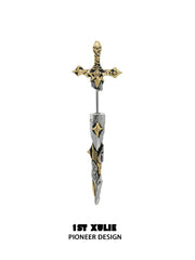 1ST XULIE Jewelry "Knight's Oath" Knight's Sword Antique Stud Earrings in 18K Gold Plated Brass - Lifestyle Shot