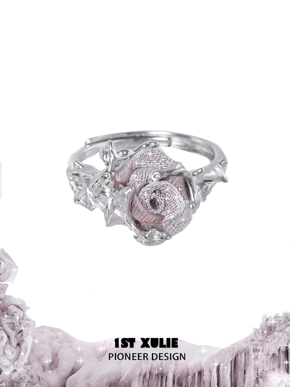 1ST XULIE "Taboo Rose" Knitted Rose Adjustable Open Ring in 925 Sterling Silver - Lifestyle Shot