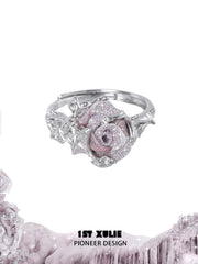 1ST XULIE "Taboo Rose" Knitted Rose Adjustable Open Ring in 925 Sterling Silver - Lifestyle Shot