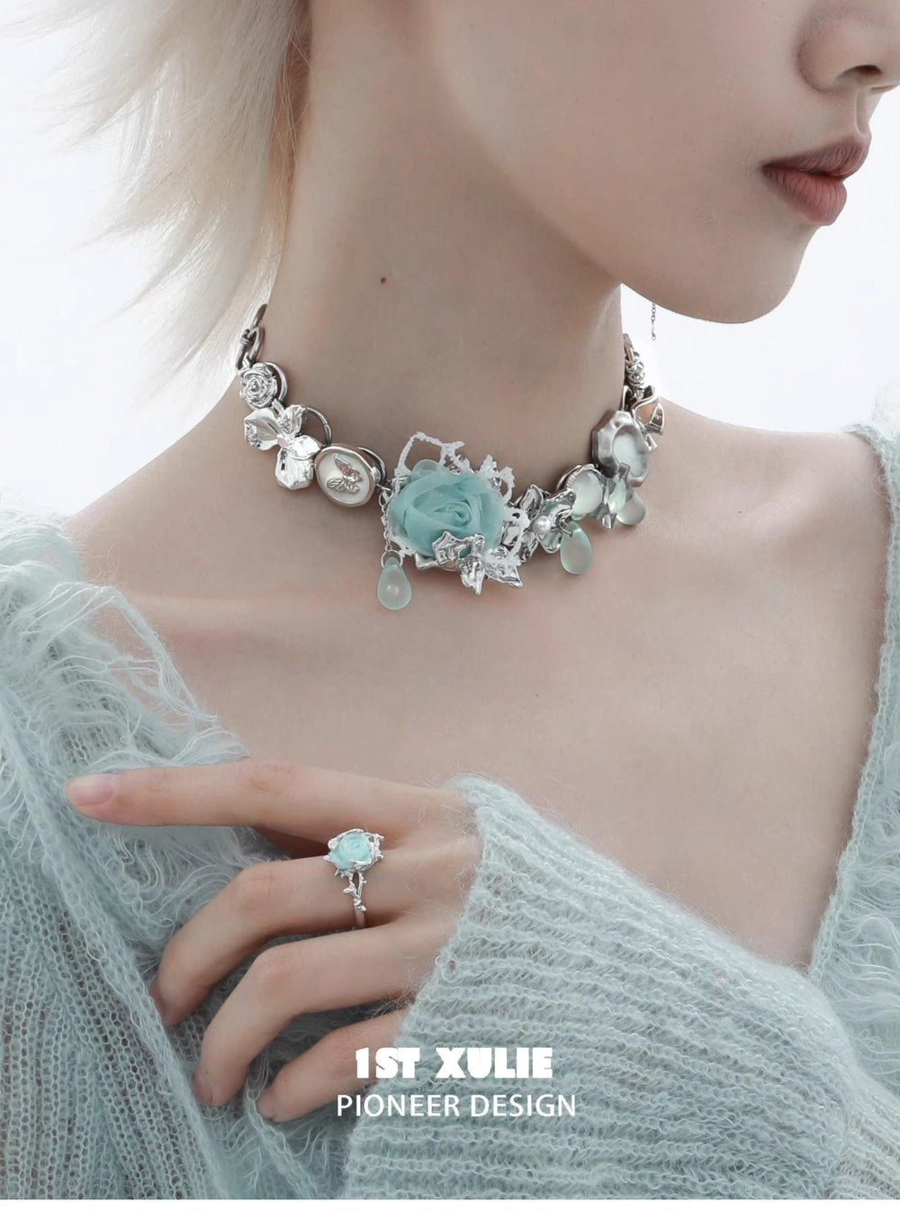 1ST XULIE "Taboo Rose" Knitted Rose Adjustable Open Ring in 925 Sterling Silver - On Model