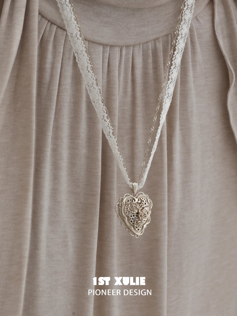 1ST XULIE Jewelry "Lace Rose" Victorian Lace Heart Locket Pendant Necklace in 18K Gold Plated - Angle 1