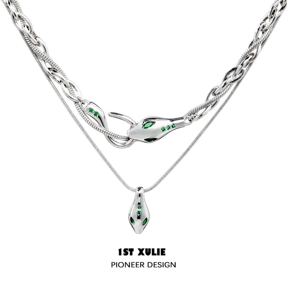 1ST XULIE "Slytherin House" Layered Intertwined Serpent Necklaces in Platinum Plated - Product View