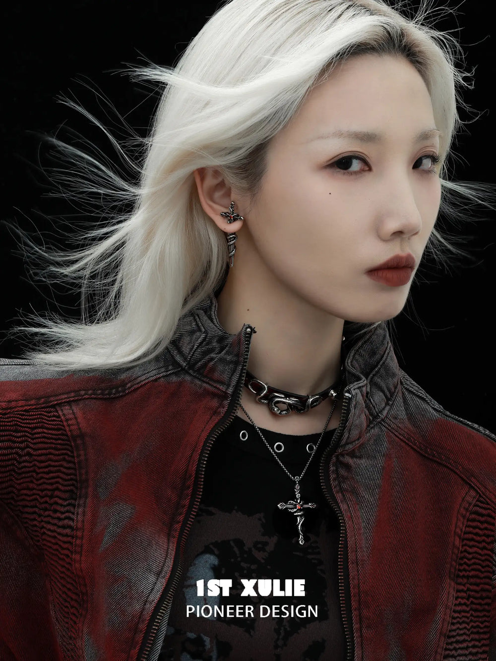 1ST XULIE "Snake Bite" Layered Leather Rivet Pendant Choker Necklace in Platinum Plated Brass and Leather - Detail Shot