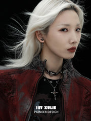 1ST XULIE "Snake Bite" Layered Leather Rivet Pendant Choker Necklace in Platinum Plated Brass and Leather - Detail Shot