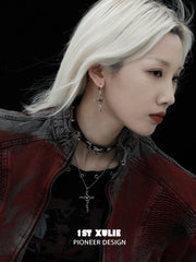 1ST XULIE "Snake Bite" Layered Leather Rivet Pendant Choker Necklace in Platinum Plated Brass and Leather - Lifestyle Shot