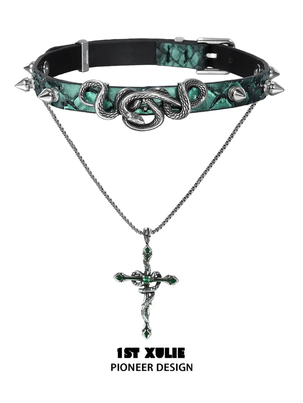 1ST XULIE "Snake Bite" Layered Leather Rivet Pendant Choker Necklace in Platinum Plated Brass and Leather - Product View