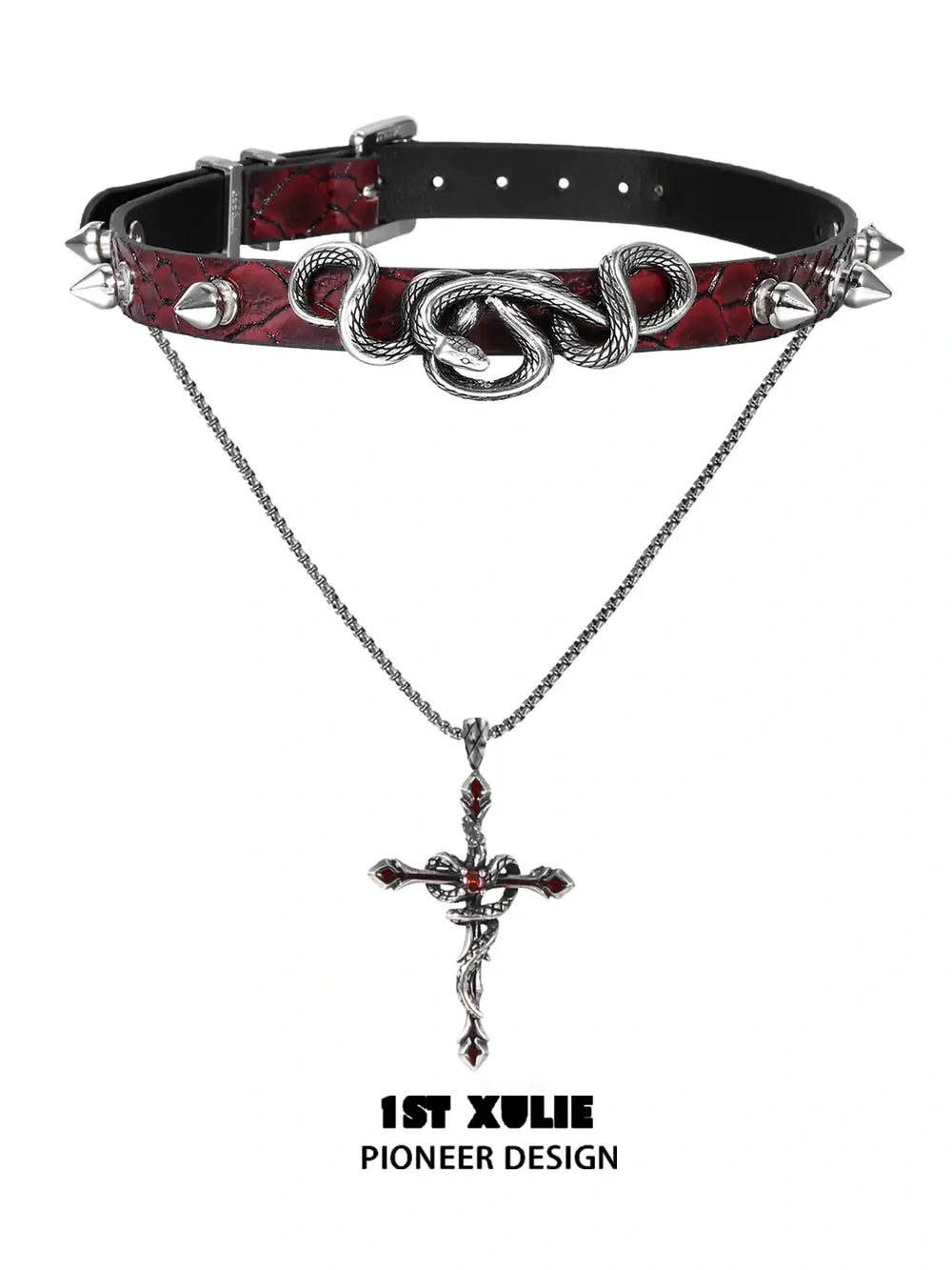 1ST XULIE "Snake Bite" Layered Leather Rivet Pendant Choker Necklace in Platinum Plated Brass and Leather - On Model