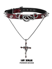 1ST XULIE "Snake Bite" Layered Leather Rivet Pendant Choker Necklace in Platinum Plated Brass and Leather - On Model