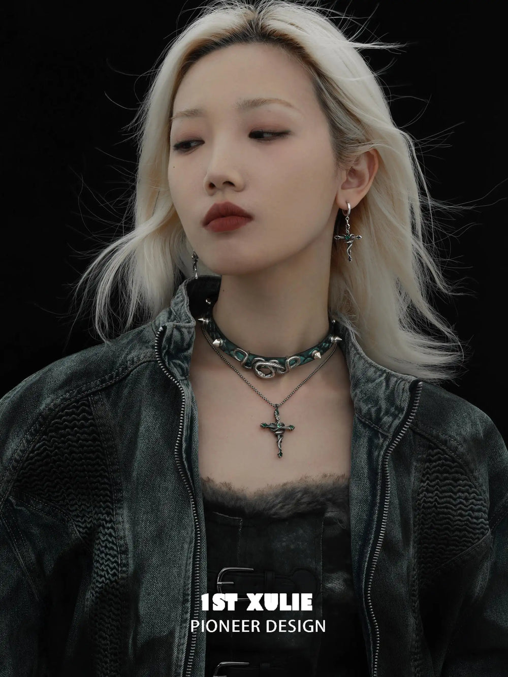 1ST XULIE "Snake Bite" Layered Leather Rivet Pendant Choker Necklace in Platinum Plated Brass and Leather - On Model Close-up