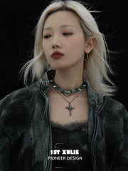 1ST XULIE "Snake Bite" Layered Leather Rivet Pendant Choker Necklace in Platinum Plated Brass and Leather - On Model Close-up