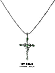 1ST XULIE "Snake Bite" Layered Leather Rivet Pendant Choker Necklace in Platinum Plated Brass and Leather - Full Product View