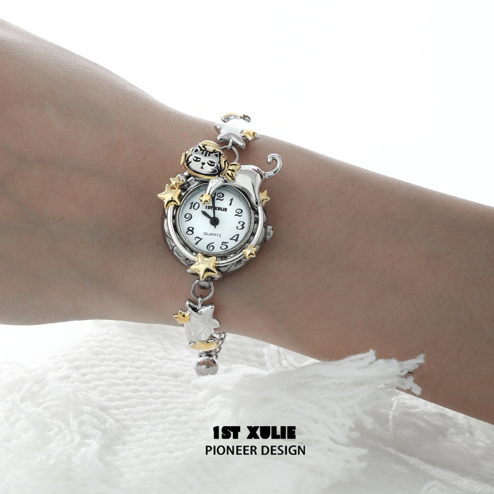 1ST XULIE "Graffiti Kitten" Lazy Cat Graffiti Bracelet Watch in Platinum - Side View