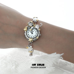 1ST XULIE "Graffiti Kitten" Lazy Cat Graffiti Bracelet Watch in Platinum - Side View