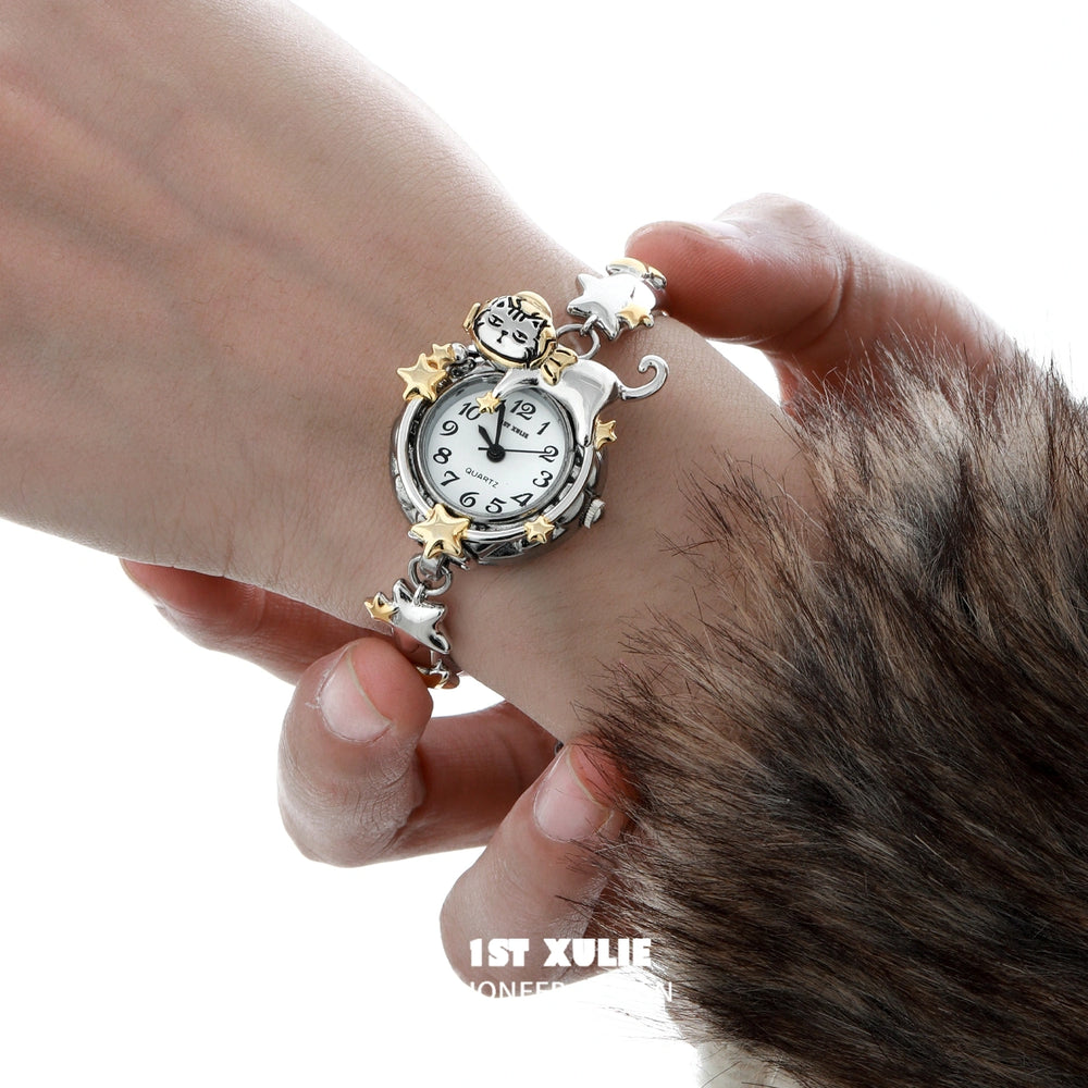 1ST XULIE "Graffiti Kitten" Lazy Cat Graffiti Bracelet Watch in Platinum - Lifestyle Shot