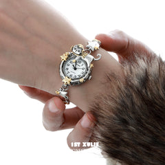 1ST XULIE "Graffiti Kitten" Lazy Cat Graffiti Bracelet Watch in Platinum - Lifestyle Shot
