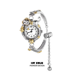 1ST XULIE "Graffiti Kitten" Lazy Cat Graffiti Bracelet Watch in Platinum - Product View