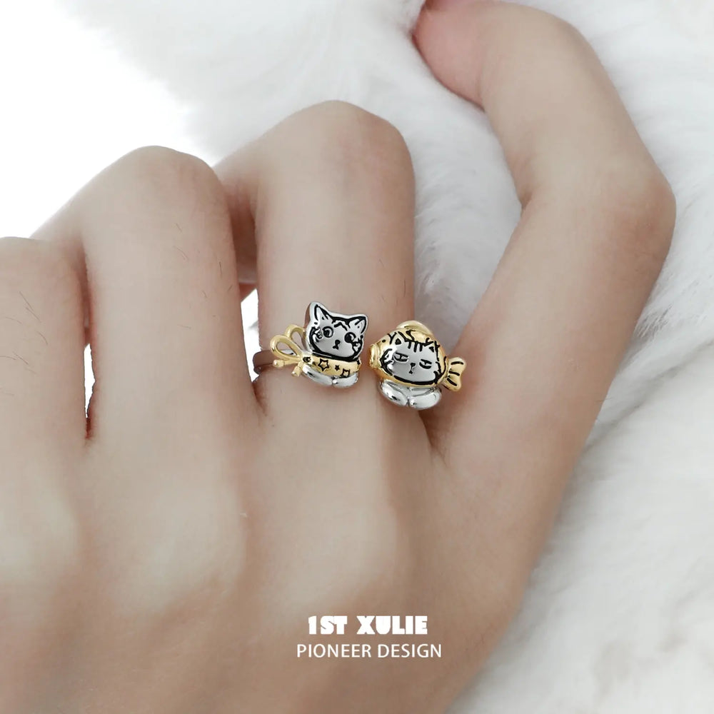 1ST XULIE "Graffiti Kitten" Lazy Kitten Adjustable Ring in Platinum Plated 925 Sterling Silver - Detail Shot
