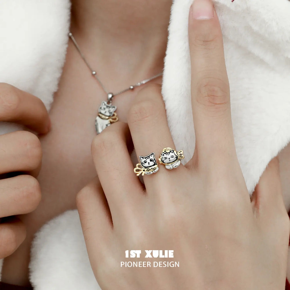 1ST XULIE "Graffiti Kitten" Lazy Kitten Adjustable Ring in Platinum Plated 925 Sterling Silver - Lifestyle Shot